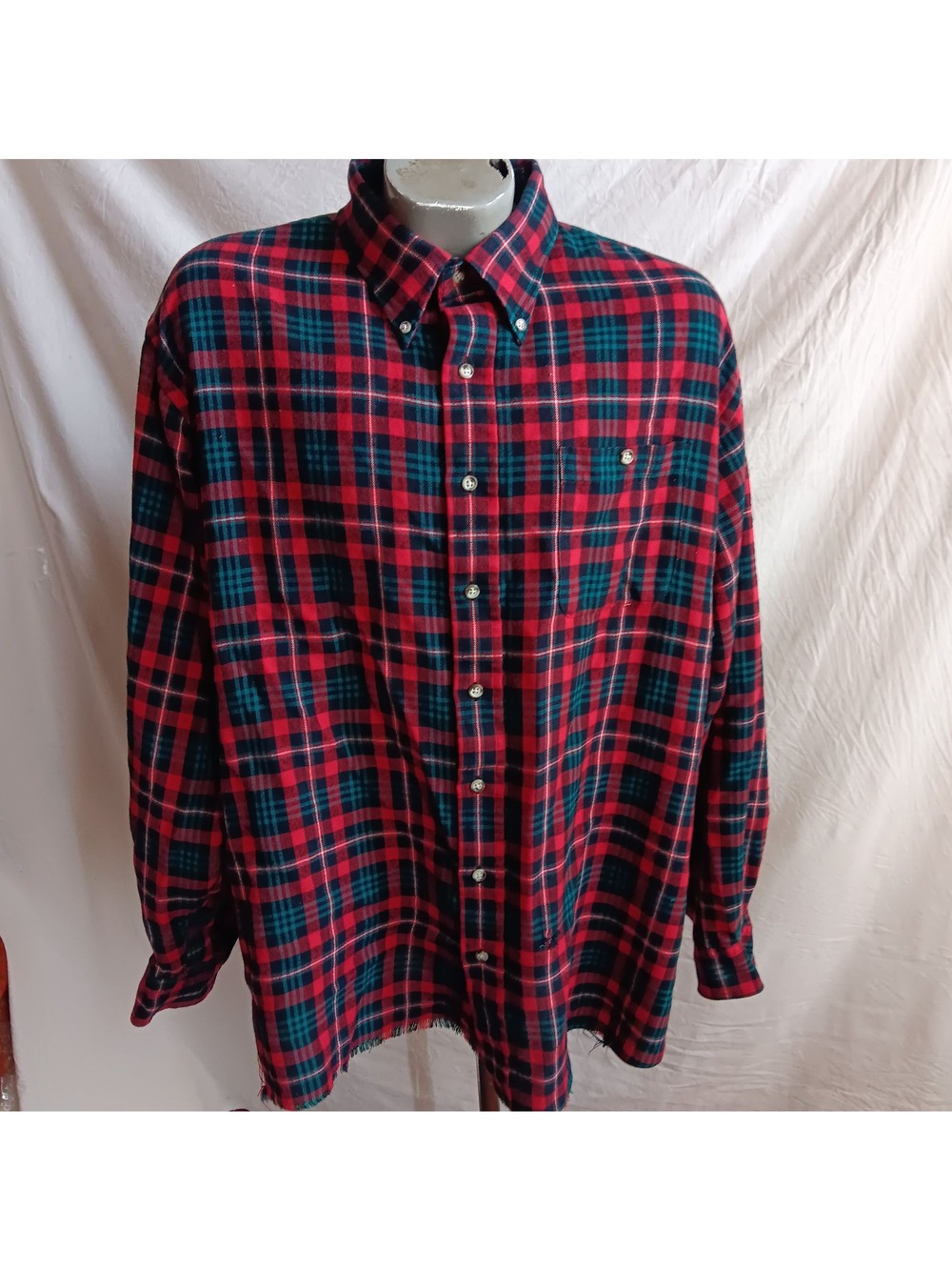 Vintage Large 1980s Red Green Plaid Button-Down Shirt Long Sleeves Casual Style